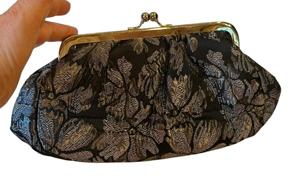 JOAN RIVERS Black & Gray Purse Clutch W/Silver Tone Chain Floral Tapestry Look